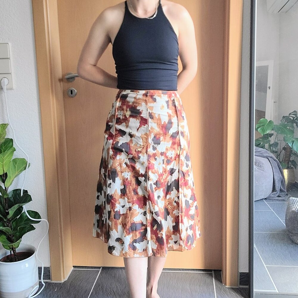 J. Jill Floral Orange-Brown Cotton/Silk A-Line Midi Skirt Women's Size 12 Petite